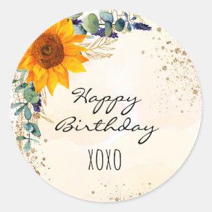 Happy Birthday sunflower eucalyptus glitter dust  Classic Round Sticker