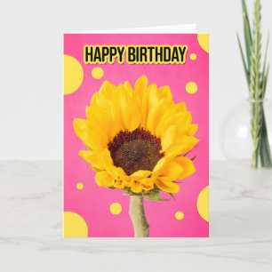Happy Birthday Sunflower on Pink With Polka Dots Holiday Card