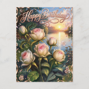 Happy Birthday Sunset Lake with Roses Postcard
