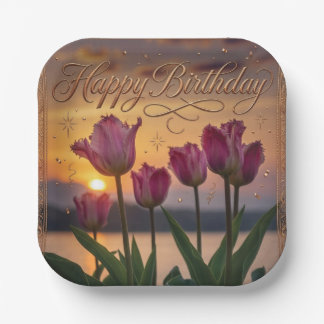 Happy Birthday Sunset Tulips Greeting Paper Plate