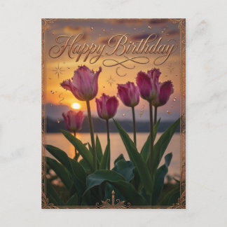 Happy Birthday Sunset Tulips Greeting Postcard