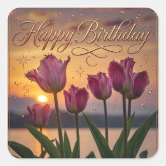 Happy Birthday Sunset Tulips Greeting Square Sticker