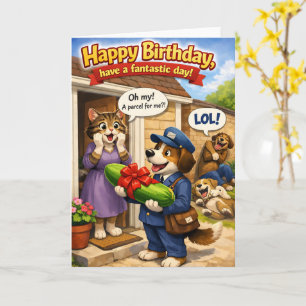 Happy birthday, surprise, cucumber parcel fun card