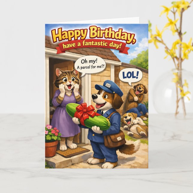 Happy birthday, surprise, cucumber parcel fun card (Yellow Flower)