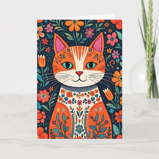 Happy Birthday Sweet Friend | Folk Art Cat Card (Front)