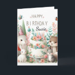 Happy Birthday Sweet Granddaughter Greeting  Card<br><div class="desc">This darling granddaughter birthday card features a digital watercolor of woodland baby animals and a birthday cake.  Personalise this card with name and you may also add your own words to the greeting inside.  (AI art was created by Susang6)</div>