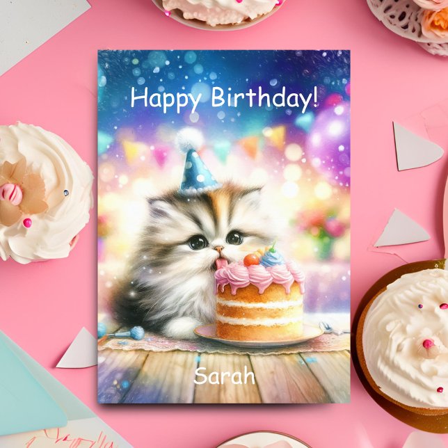 Happy Birthday Sweet Kitty With Cake Personalise Card (Purrfect celebration: Sweet kitty, cake, joy. Personalize for unforgettable birthday wishes!)