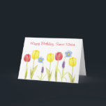 Happy Birthday Sweet Sister Tulip Flowers Card<br><div class="desc">A colourful happy birthday to a sweet sister decorated with spring flowers with yellow and red tulips,  blue flowering flax and grape hyacinths.  Cheerful birthday card to let your sister know you're thinking of her on her special day!</div>