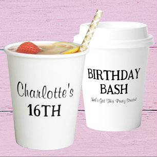 Happy Birthday   Sweet Sixteen Name Black & White Paper Cups
