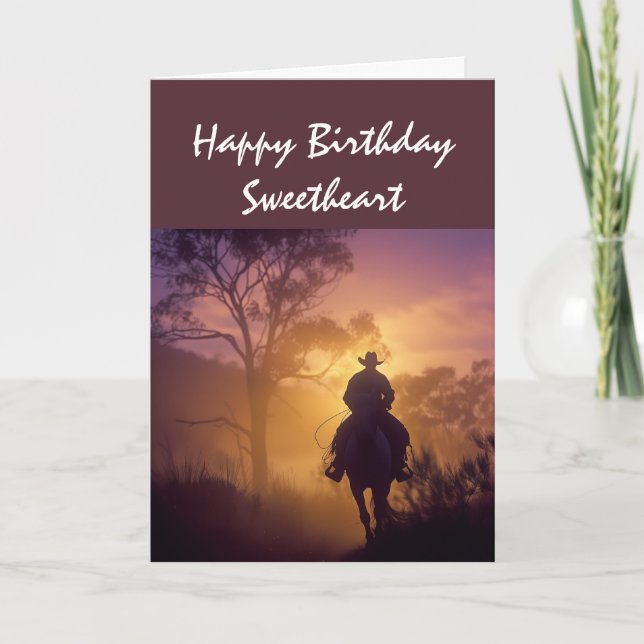 Happy Birthday Sweetheart Lone Cowboy Sunset Card (Front)