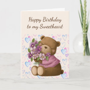 Happy Birthday Sweetheart Love Bear Flowers Card