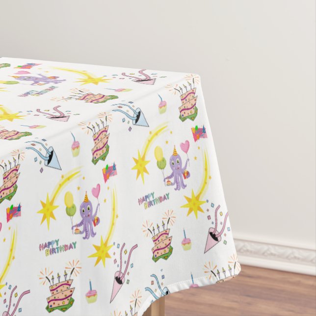 Happy Birthday Tablecloth Purple Octopus Cake Star (In Situ)