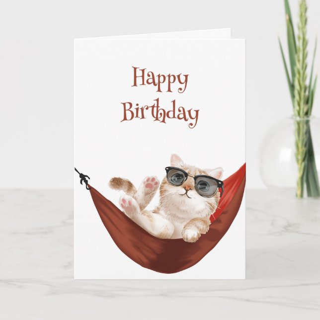  Happy Birthday Take it Easy Cat in Hammock Humour Card (Front)