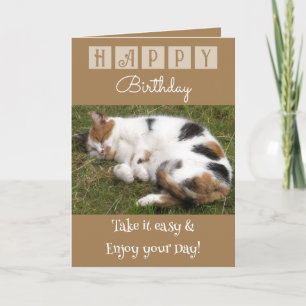Happy Birthday take it easy cat photo brown Card