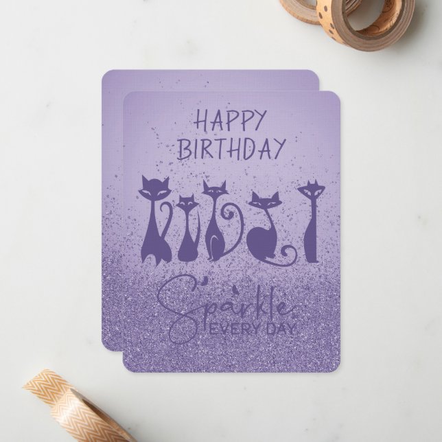 Happy Birthday Tall Cat Purple Sparkles Card (Front/Back In Situ)