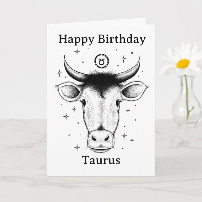 Happy Birthday Taurus Bull Hand-drawn Card (Small Plant)