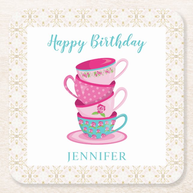 Happy birthday tea party cups cute pink blue square paper coaster (Front)