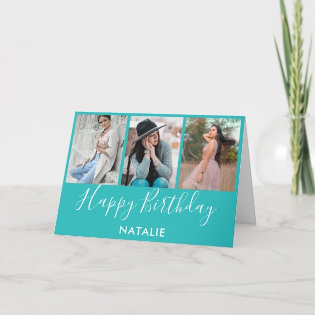 Happy Birthday Teal and White 3 Photo Collage Card (Front)