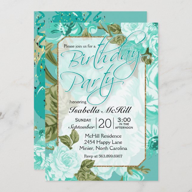 Happy BIrthday - Teal Floral Design Invitation (Front/Back)