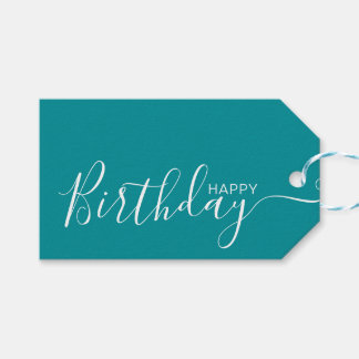 Happy Birthday Teal White Modern Gift Tags