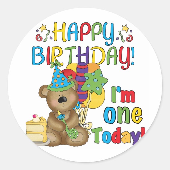 Happy Birthday Teddy Bear 1st T-shirts and Gifts Classic Round Sticker (Front)