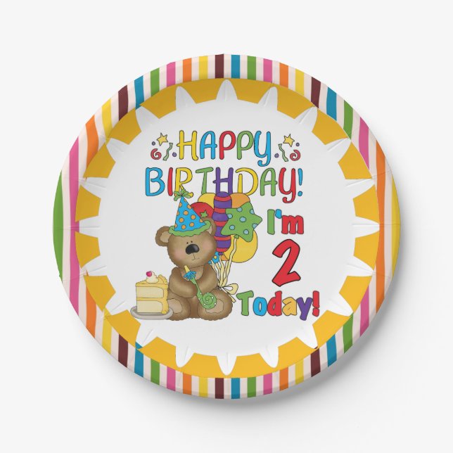 Happy Birthday Teddy Bear 2nd Birthday Paper Plate (Front)