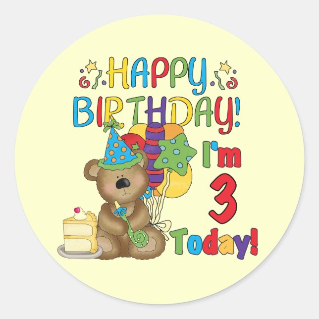 Happy Birthday Teddy Bear 3rd Tshirts and Gifts Classic Round Sticker (Front)
