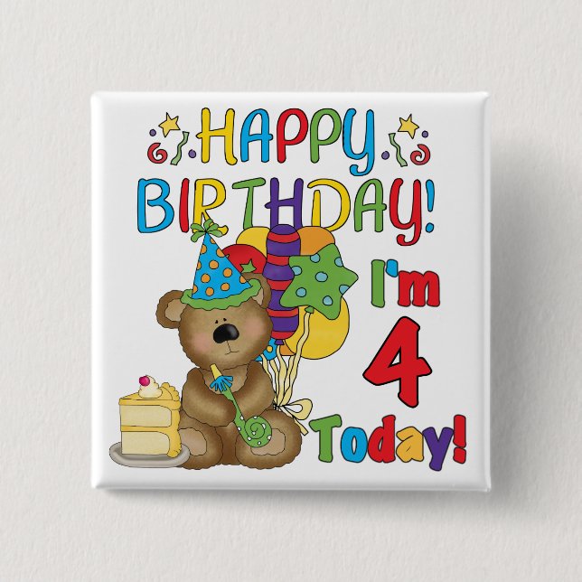 Happy Birthday Teddy Bear 4th T-shirts and Gifts 15 Cm Square Badge (Front)