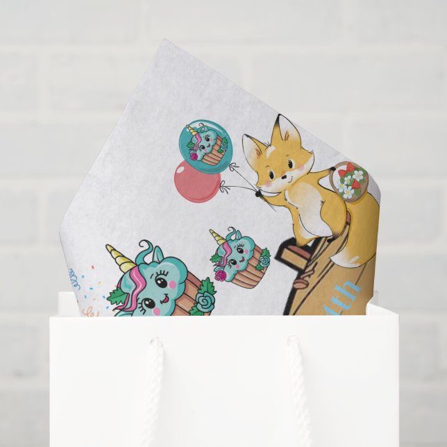 Happy Birthday Teddy Bear Fox Chicks Cupcake  Tissue Paper (Gift Bag)