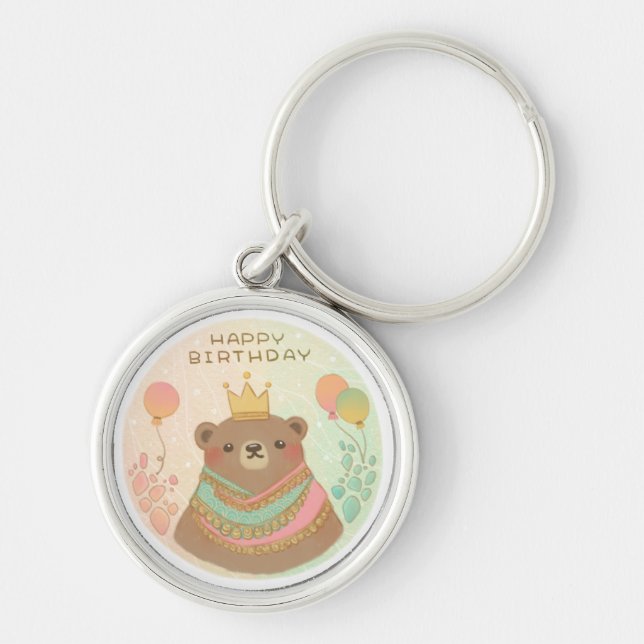 Happy Birthday Teddy Bear Illustration Key Ring (Front)