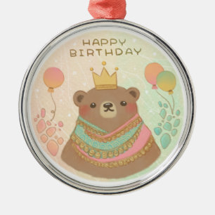 Happy Birthday Teddy Bear Illustration Metal Tree Decoration