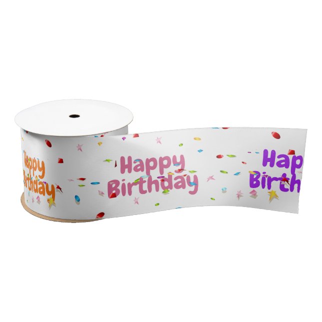 Happy Birthday Text and Confetti Satin Ribbon (Spool)