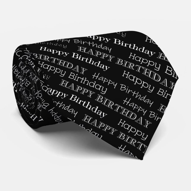 Happy Birthday Text Covered Black and White Tie (Rolled)