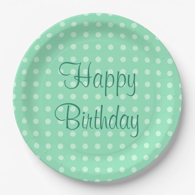 Happy Birthday Text Dots Rustic Polka Mint Green Paper Plate (Front)
