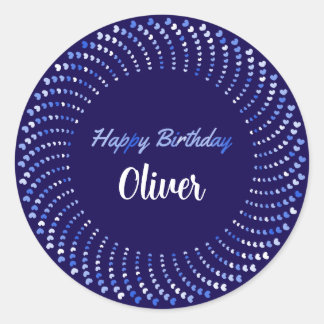 Happy birthday text with blue hearts circle classic round sticker