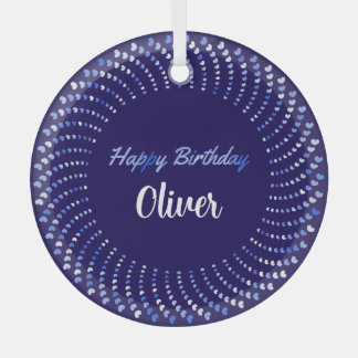 Happy birthday text with blue hearts circle glass tree decoration