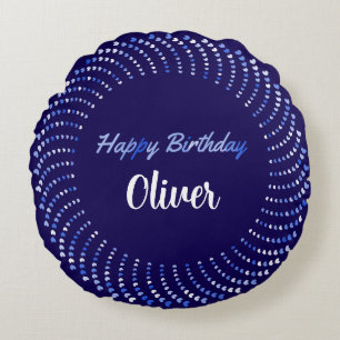 Happy birthday text with blue hearts circle round cushion