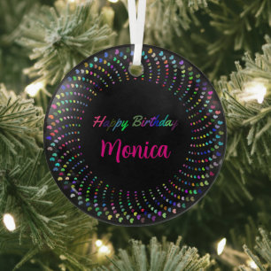 Happy birthday text with colorful hearts classic r glass tree decoration