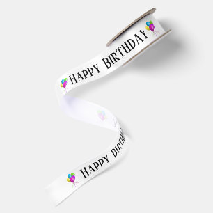 Happy Birthday Text with Party Balloons Satin Ribbon