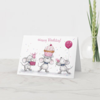 Happy Birthday, Three Cute Mice Celebrating Card