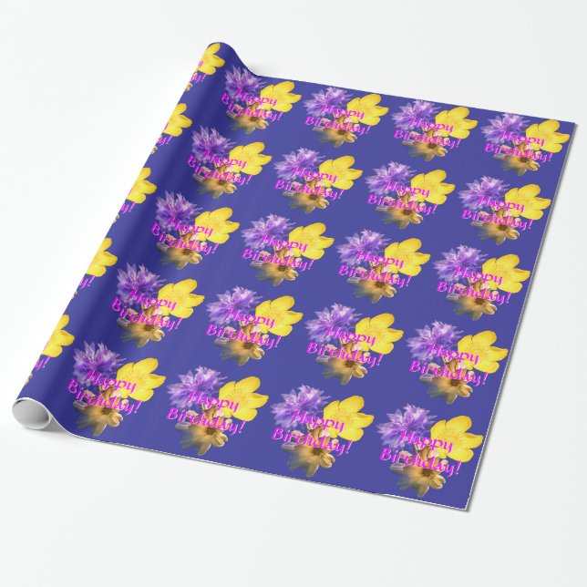 Happy Birthday three-flower floral pattern Wrapping Paper (Unrolled)