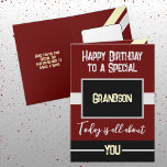 Happy Birthday to a special grandson maroon black Card<br><div class="desc">Happy Birthday to a special grandson. Today is all about you.
Personalise this card for your grandson using the space inside to add your message.
Designed with the colours maroon,  black and yellow.</div>