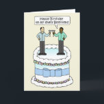 Happy Birthday to Male Interracial Couple Card<br><div class="desc">A cartoon of a male interracial couple standing on top of a birthday cake,  holding cocktails. One man is saying to the other 'Happy birthday to my lovely boyfriend'. The image has a lemon colored background.</div>