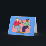 Happy Birthday to Multiracial Boyfriend Card<br><div class="desc">A cartoon of a gay male couple sitting on a sofa,  toasting each other with glasses of fizz. The image has a  bright blue background.</div>