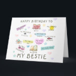 Happy Birthday To My Bestie Card<br><div class="desc">Celebrate your bestie’s special day with this heartwarming and playful birthday card! Featuring adorable illustrations and heartfelt messages, this card beautifully highlights all the roles your bestie plays in your life—your rock, your favorite person, your partner in crime, and more. With cute doodles, vibrant pastel colors, and a charming sun,...</div>
