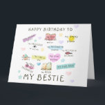 Happy Birthday To My Bestie Card<br><div class="desc">Celebrate your bestie’s special day with this heartwarming and playful birthday card! Featuring adorable illustrations and heartfelt messages, this card beautifully highlights all the roles your bestie plays in your life—your rock, your favorite person, your partner in crime, and more. With cute doodles, vibrant pastel colors, and a charming sun,...</div>