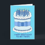 Happy Birthday to my Twin,  Cake and Candles. Card<br><div class="desc">A large cartoon blue and white cake covered in candles,  set against a turquoise coloured background. The words 'Happy Birthday to my Twin' accompany the image.</div>