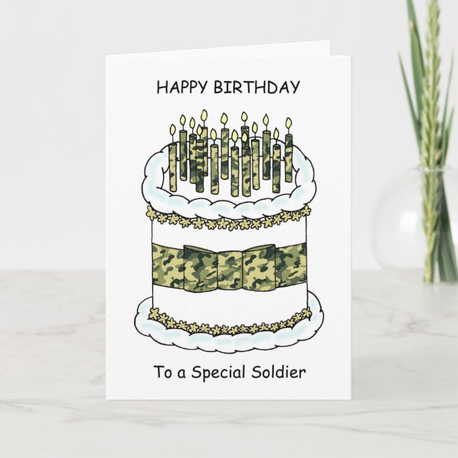 Happy Birthday to Soldier Cake and Candles Card (Front)