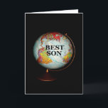 Happy Birthday To The Best Son On Earth! Card<br><div class="desc">A brightly-coloured globe,  photographed against a black background,  is the subject of my "Happy Birthday To The Best Son On Earth!" birthday card. "Best Son",  in black text on the face of the globe,  completes the front image of the card.</div>