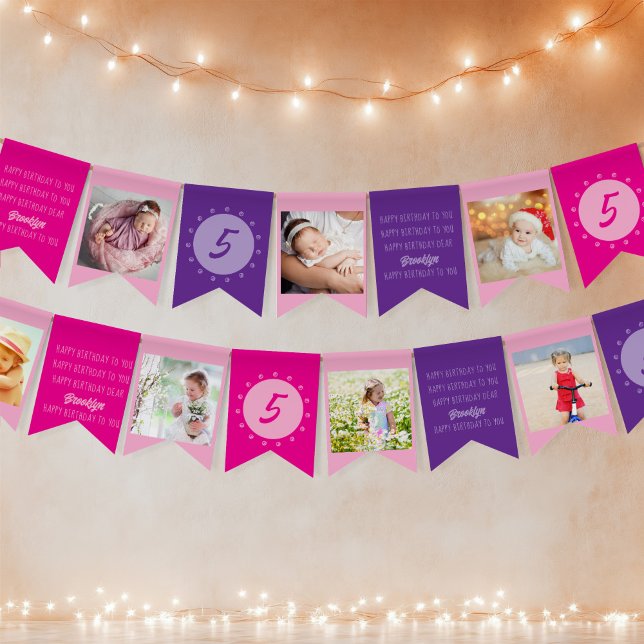 Happy Birthday to You Any Age Photo Pink Purple Bunting (Happy Birthday Photo Bunting - customize to any color for any age - by Darling & May)